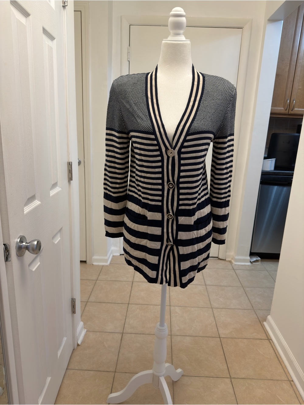 Emanuel Ungaro Striped V-Neck Long Cardigan - Navy and Cream Made in Italy